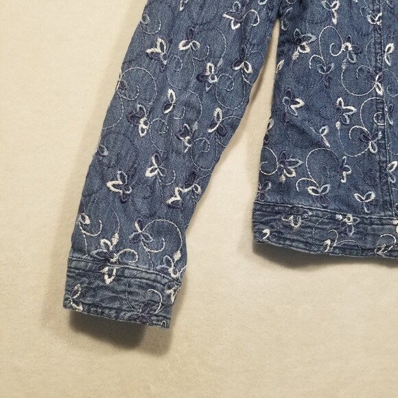 Analogy Womens Medium Blue Denim White Floral Embroidery Button Front Jacket - Picture 2 of 11